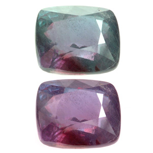 Image of Alexandrite variety of Chrysoberyl showing colour change under different lighting conditions