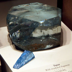 Image of Topaz crystal with irradiated fragment showing colour change