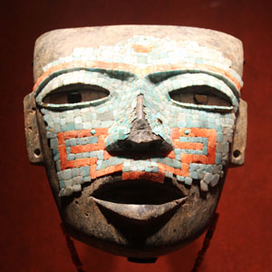 Image of Turquoise Mosaic Mask Carved in Volcanic Stone from the city of Teotihuacan, Mexico